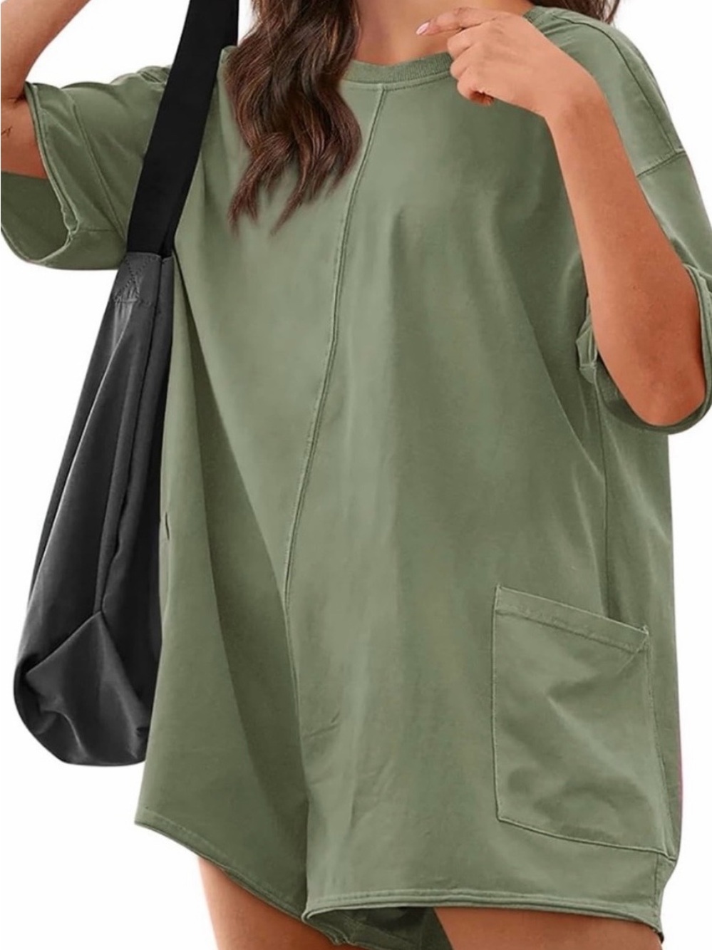 Relaxed Oversized Olive Green Pocket T-Shirt Romper 95% Cotton 5% Spandex
